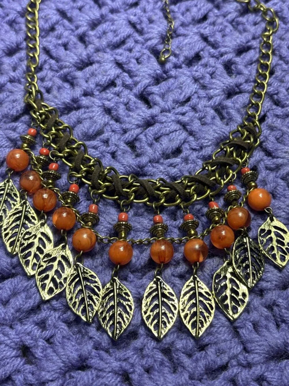 Antiqued Goldtone Boho Bib Necklace Orange Plastic Beads Leaves Brown Cord